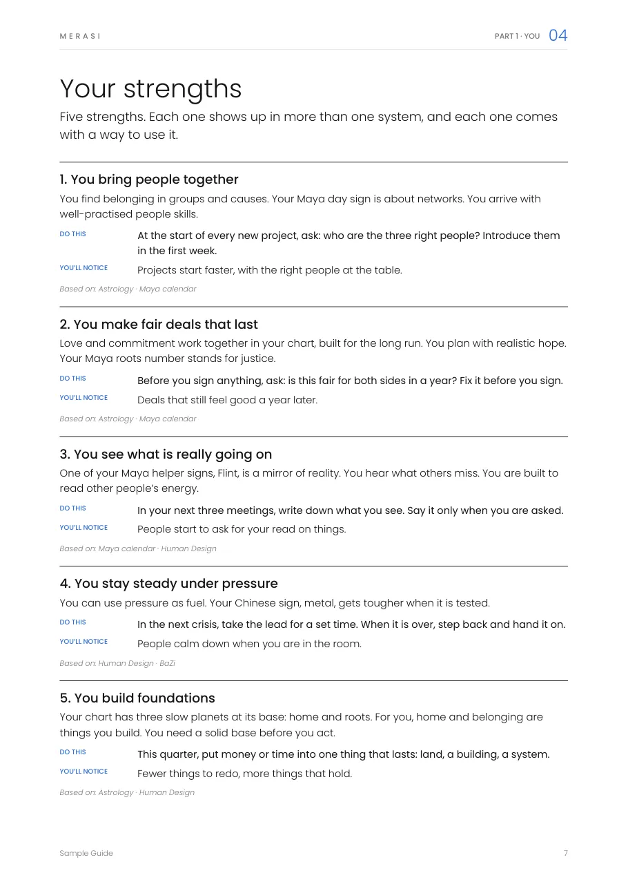 Sample page: Your strengths, each with what to do and how you will notice it works